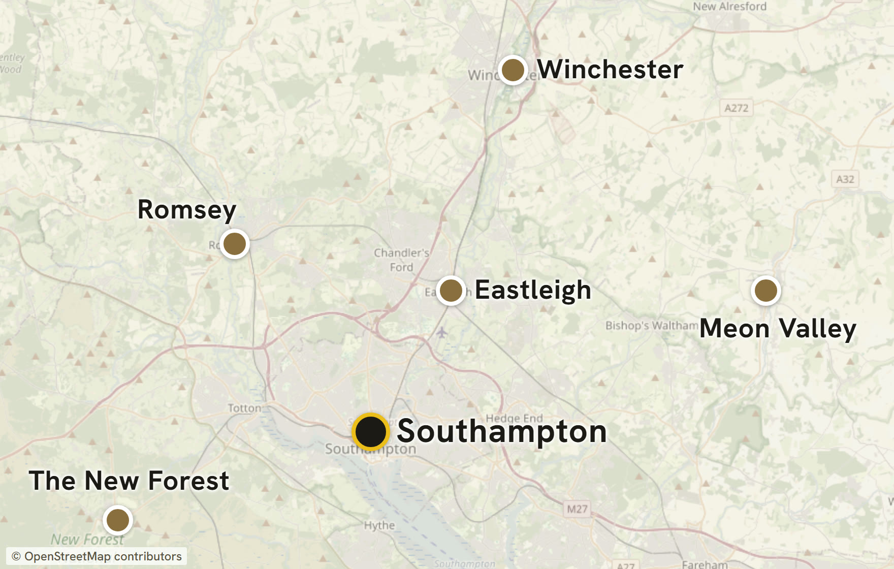 Map of the areas Maidanbuild Homes covers around Southampton