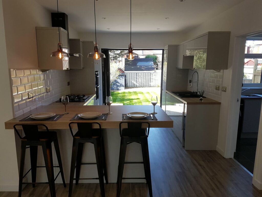 The finished kitchen, looking out to the garden