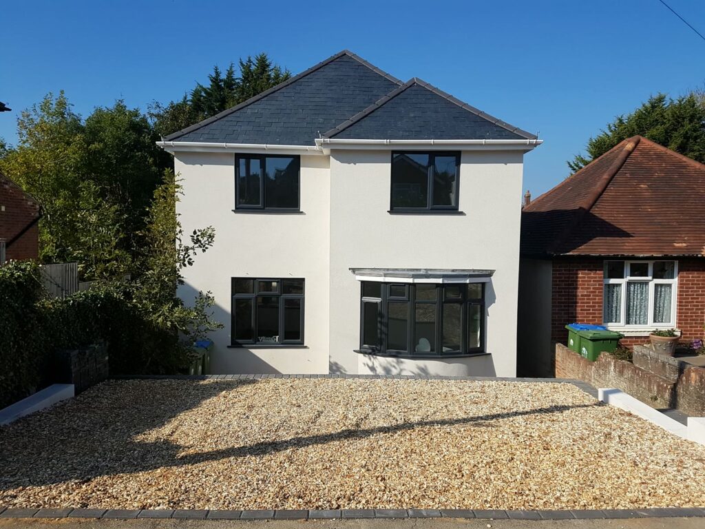 Project story: from tired bungalow to two-storey family home After: the finished house in autumn 2018, taken from the same spot