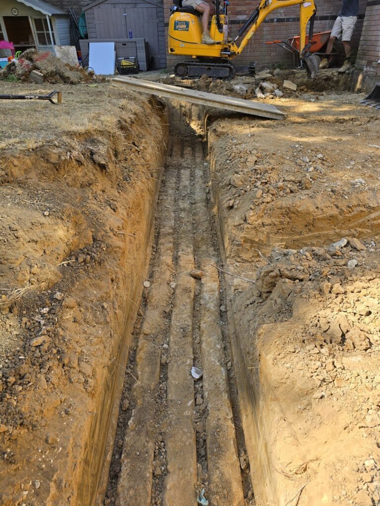 New trench dug for the foundations of an extension